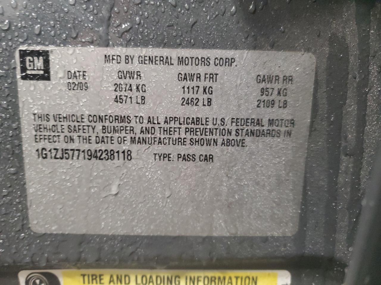 2009 Chevrolet Malibu VIN 1G1ZJ577194238118 Copart auction photo, front end damage thumbnail 13