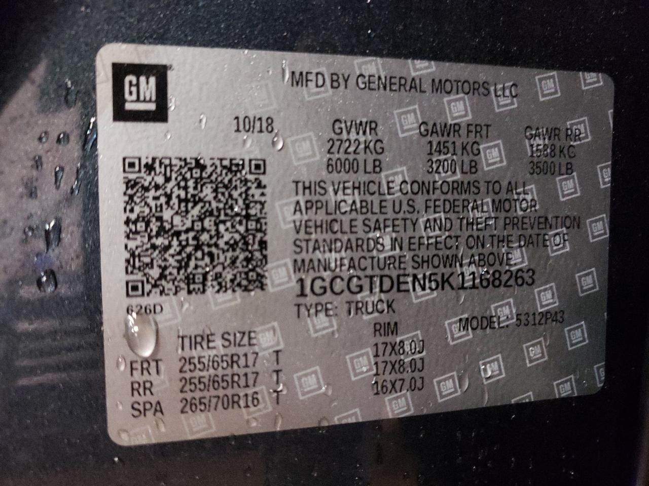 2019 Chevrolet Colorado VIN 1GCGTDEN5K1168263 Copart auction photo, front end damage thumbnail 12