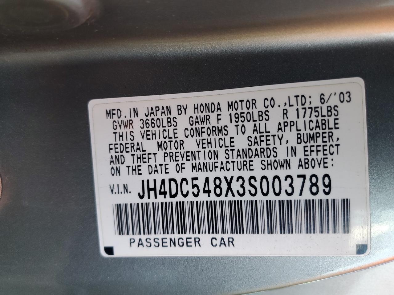 2003 Acura RSX VIN JH4DC548X3S003789 Copart auction photo, all over damage thumbnail 12