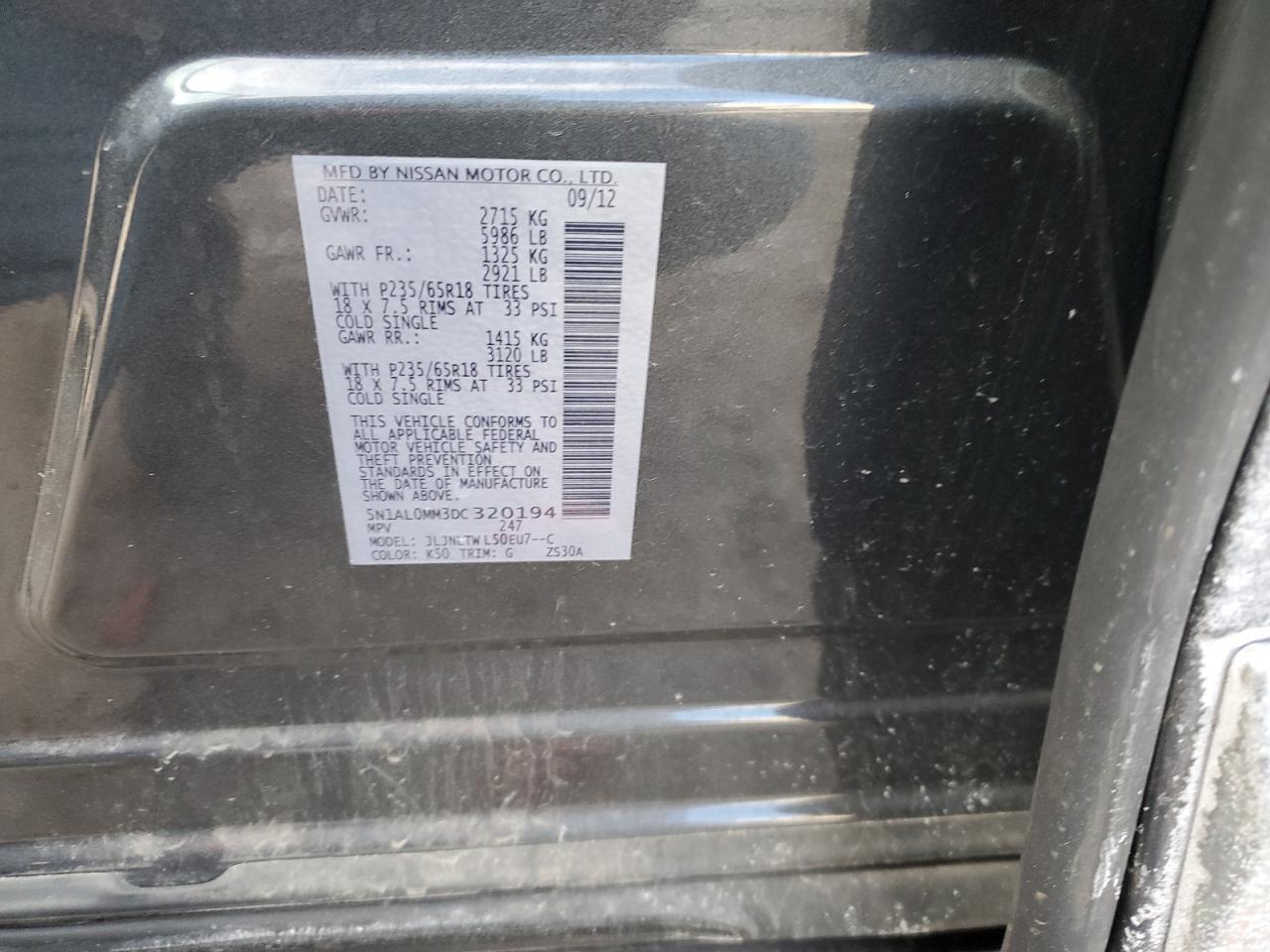 2013 Infiniti JX VIN 5N1AL0MM3DC320194 Copart auction photo, front end / side damage thumbnail 14