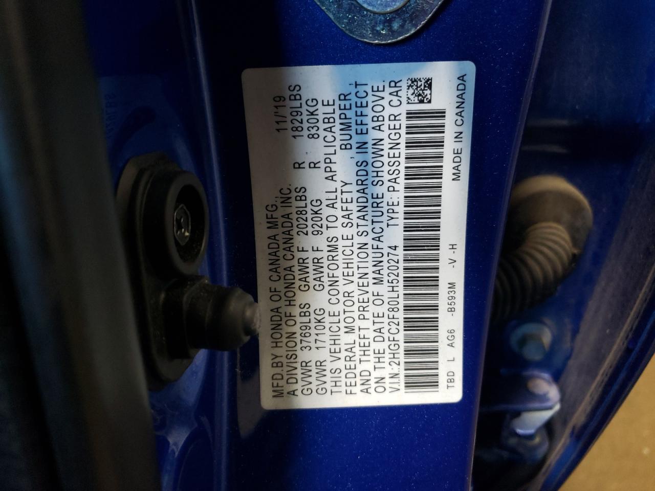 2020 Honda Civic VIN 2HGFC2F80LH520274 Copart auction photo, rear end damage thumbnail 12