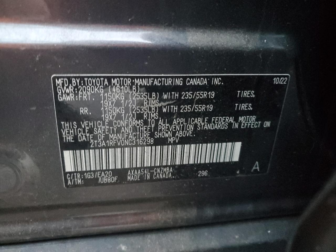 2022 Toyota RAV 4 VIN 2T3A1RFV0NC316298 Copart auction photo, top/roof / front end damage thumbnail 13