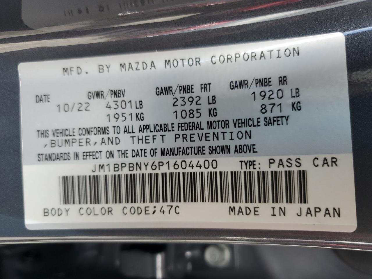2023 Mazda 3 VIN JM1BPBNY6P1604400 Copart auction photo, water/flood damage thumbnail 13