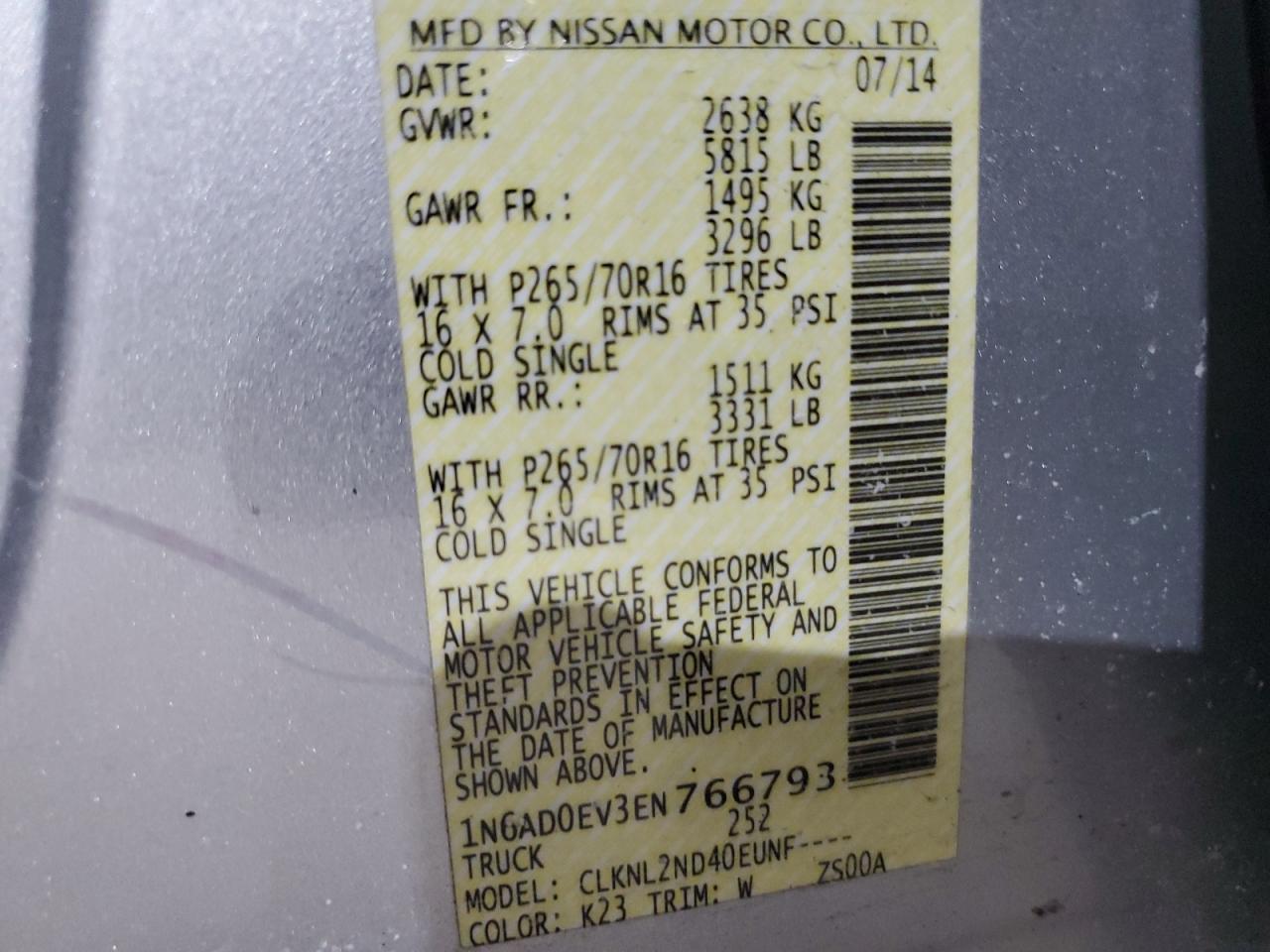 2014 Nissan Navara (Frontier) VIN 1N6AD0EV3EN766793 Copart auction photo, side / front end damage thumbnail 14