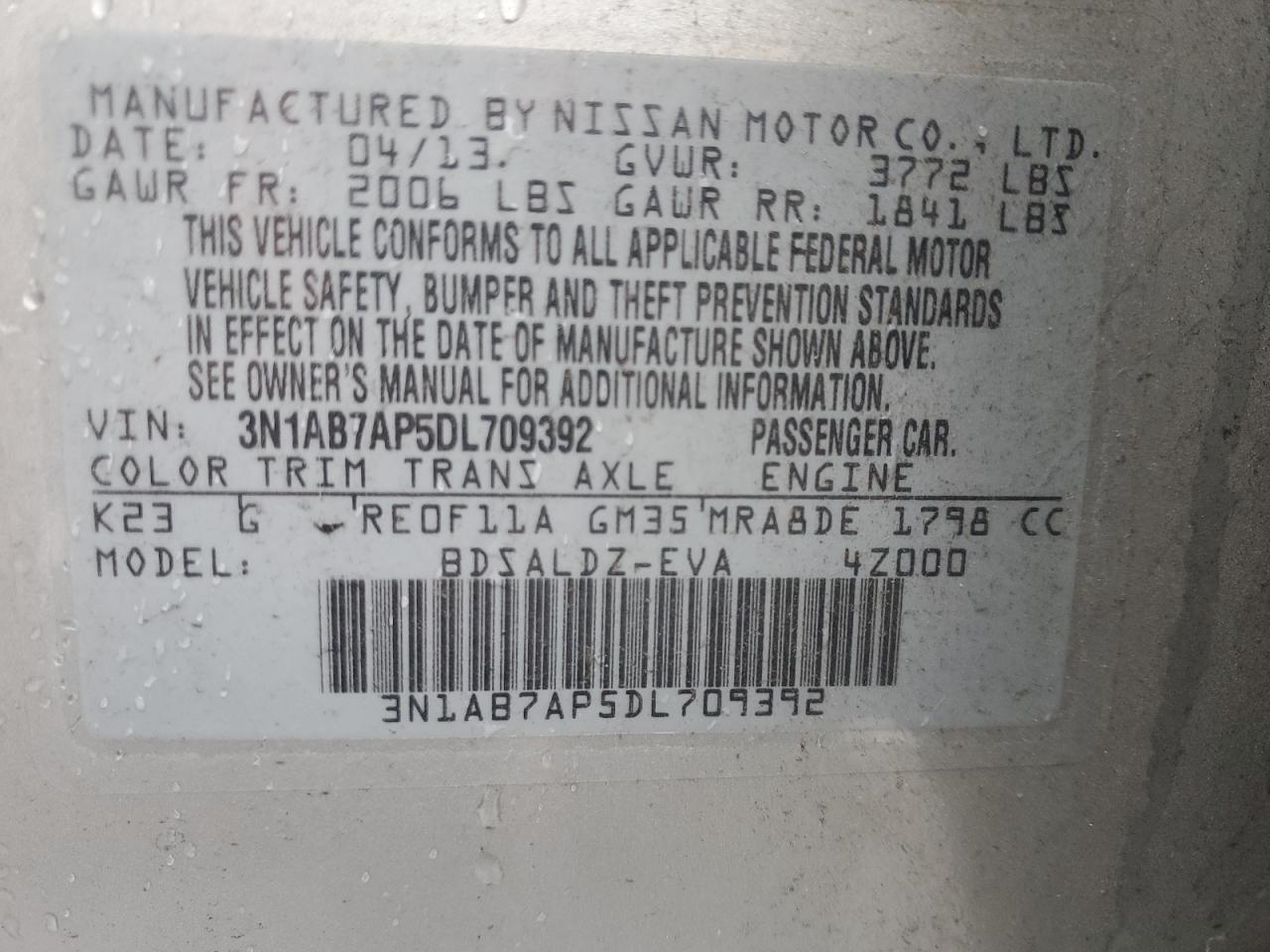 2013 Nissan Sentra VIN 3N1AB7AP5DL709392 Copart auction photo, front end damage thumbnail 14