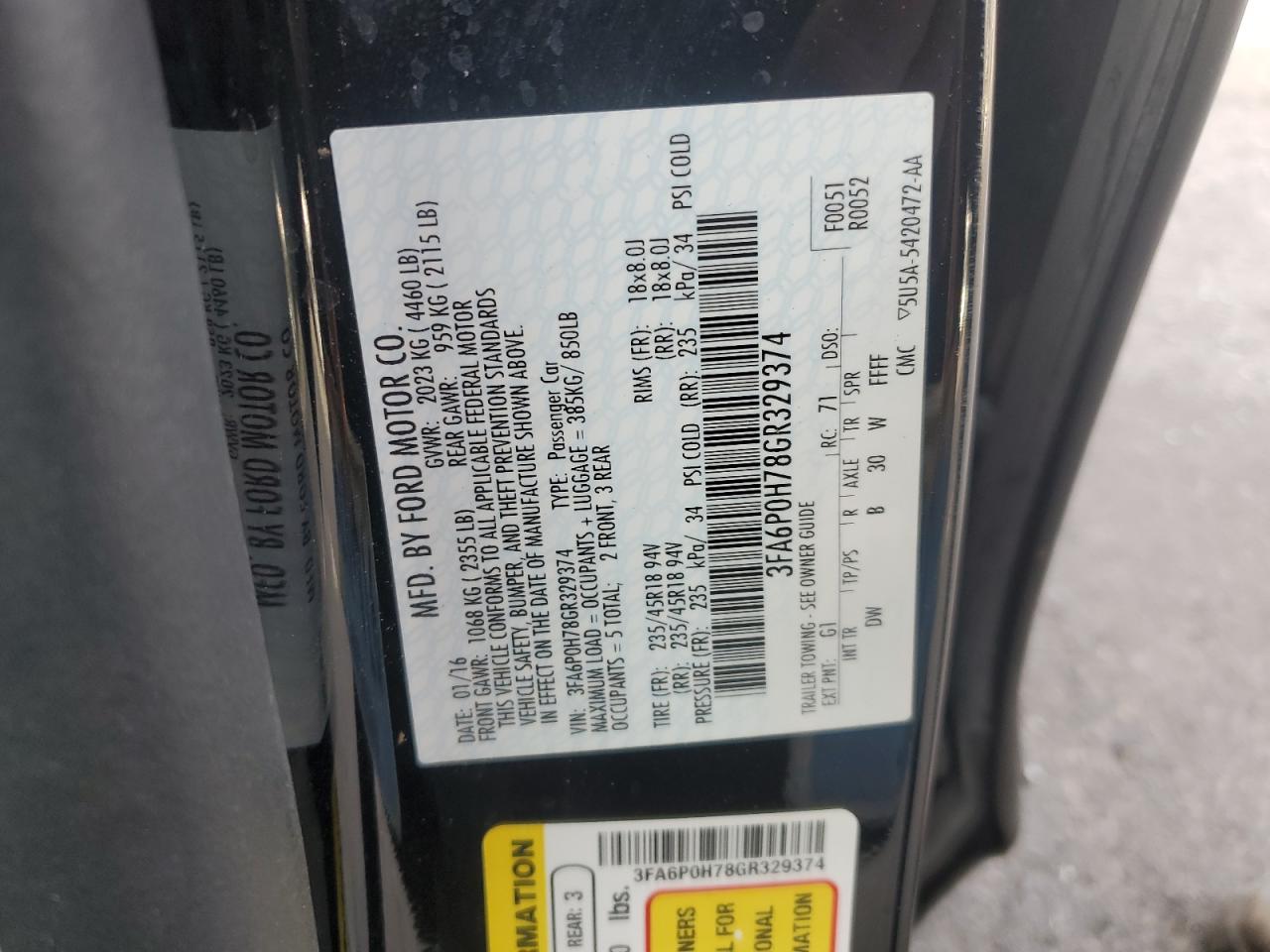 2016 Ford Fusion VIN 3FA6P0H78GR329374 Copart auction photo, side damage thumbnail 14