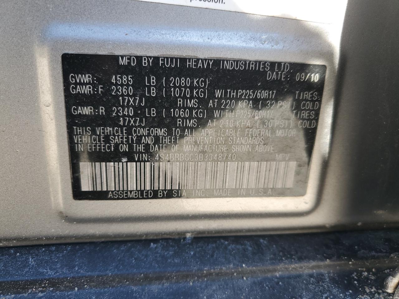 2011 Subaru Outback VIN 4S4BRBGC3B3348740 Copart auction photo, undercarriage / side damage thumbnail 13