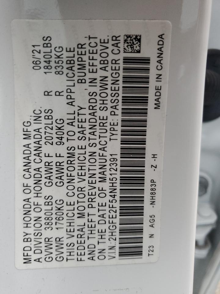 2022 Honda Civic VIN 2HGFE2F54NH512391 Copart auction photo, front end / undercarriage damage thumbnail 14