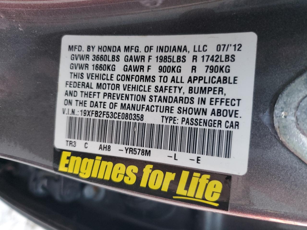 2012 Honda Civic VIN 19XFB2F53CE080358 Copart auction photo, water/flood damage thumbnail 13