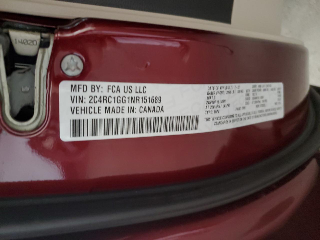 2022 Chrysler Pacifica VIN 2C4RC1GG1NR151689 Copart auction photo, front end / side damage thumbnail 13