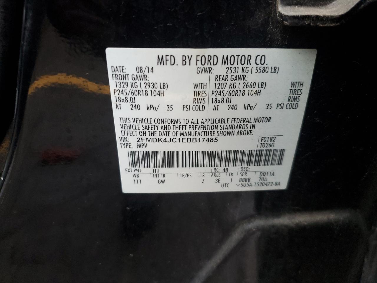2014 Ford Edge VIN 2FMDK4JC1EBB17485 Copart auction photo, rear end damage thumbnail 14
