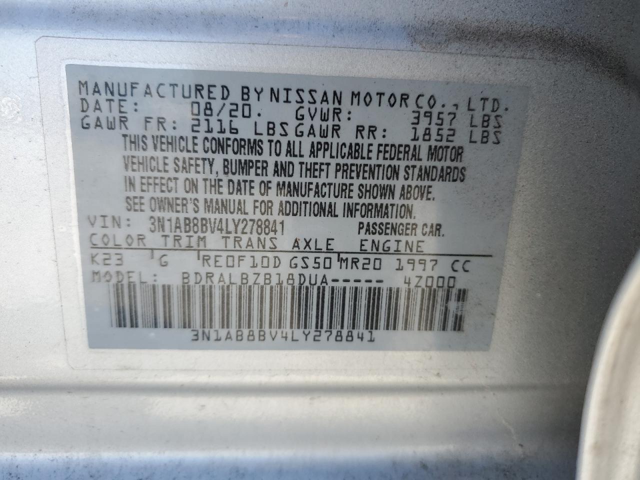 2020 Nissan Sentra VIN 3N1AB8BV4LY278841 Copart auction photo, side damage thumbnail 14