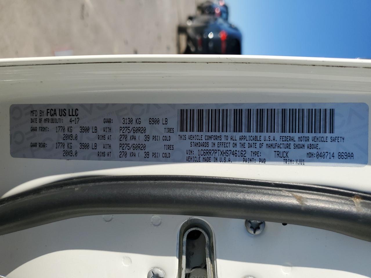 2017 RAM 1500 VIN 1C6RR7PTXHS746162 Copart auction photo, rear end / front end damage thumbnail 14