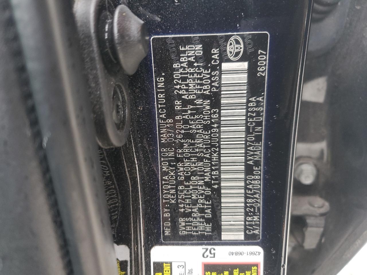 2018 Toyota Camry VIN 4T1B11HK2JU094163 Copart auction photo, rear end damage thumbnail 12