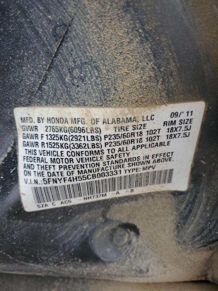 2012 Honda Pilot VIN 5FNYF4H55CB003331 Copart auction photo, side / minor dent/scratches damage thumbnail 13