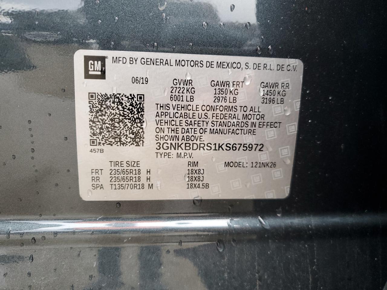 2019 Chevrolet Blazer VIN 3GNKBDRS1KS675972 Copart auction photo, front end / hail damage thumbnail 14