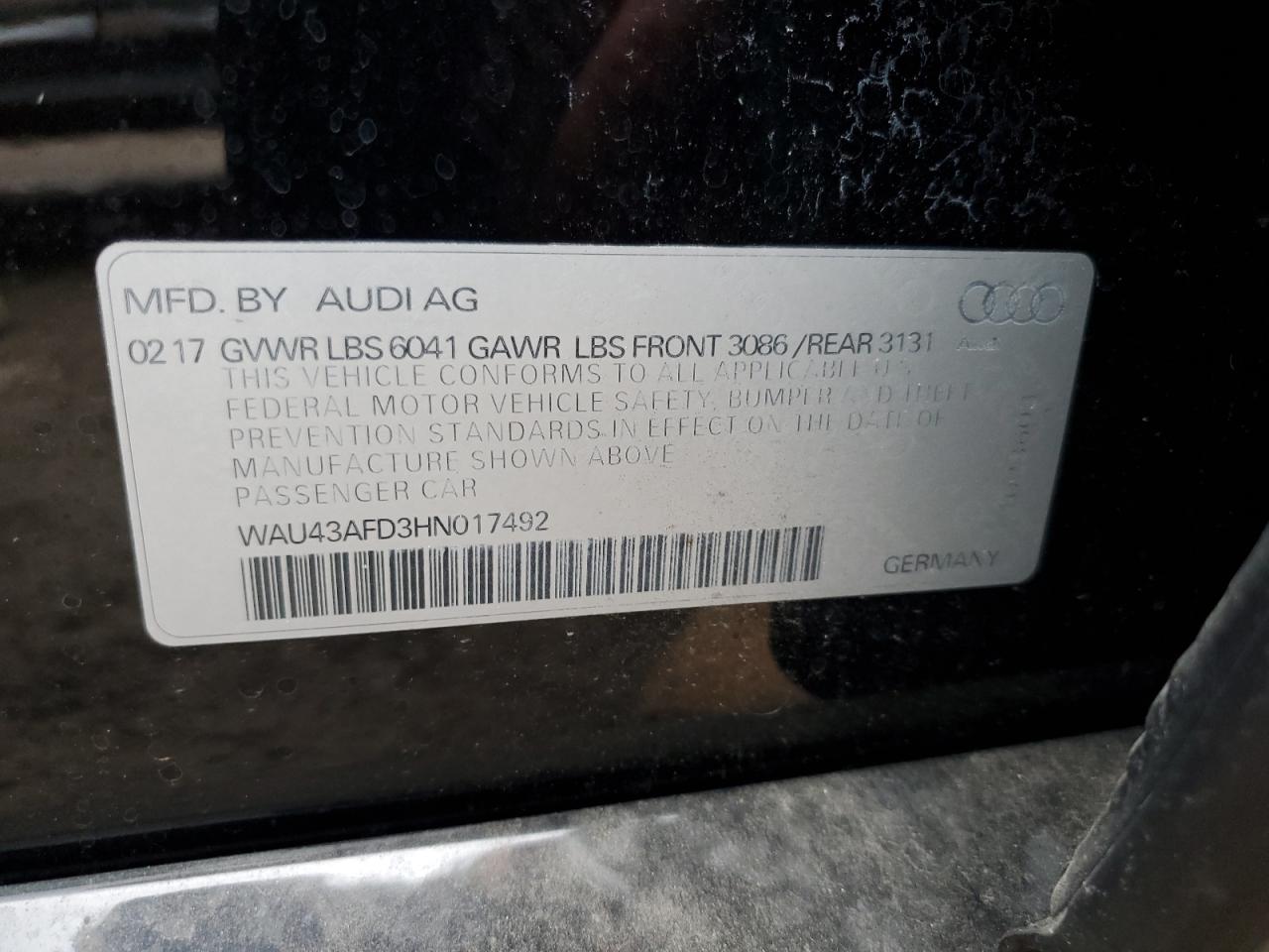 2017 Audi A8 VIN WAU43AFD3HN017492 Copart auction photo, water/flood damage thumbnail 13