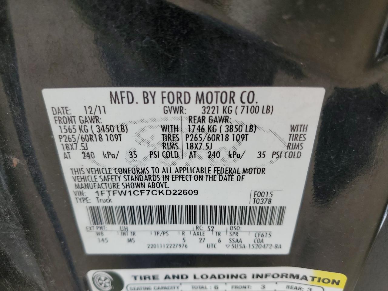 2012 Ford F-150 VIN 1FTFW1CF7CKD22609 Copart auction photo, front end damage thumbnail 14