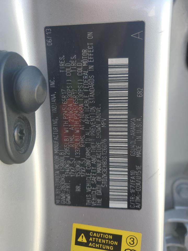 2013 Toyota Highlander VIN 5TDZK3EH8DS126076 Copart auction photo, burn damage thumbnail 13