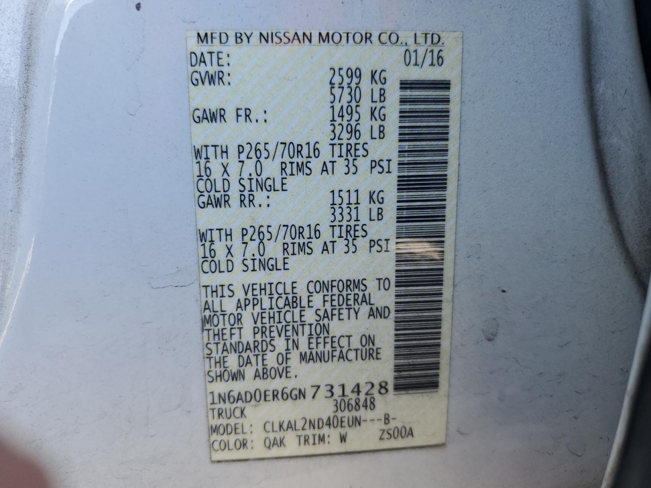 2016 Nissan Navara (Frontier) VIN 1N6AD0ER6GN731428 Copart auction photo, rear end damage thumbnail 12