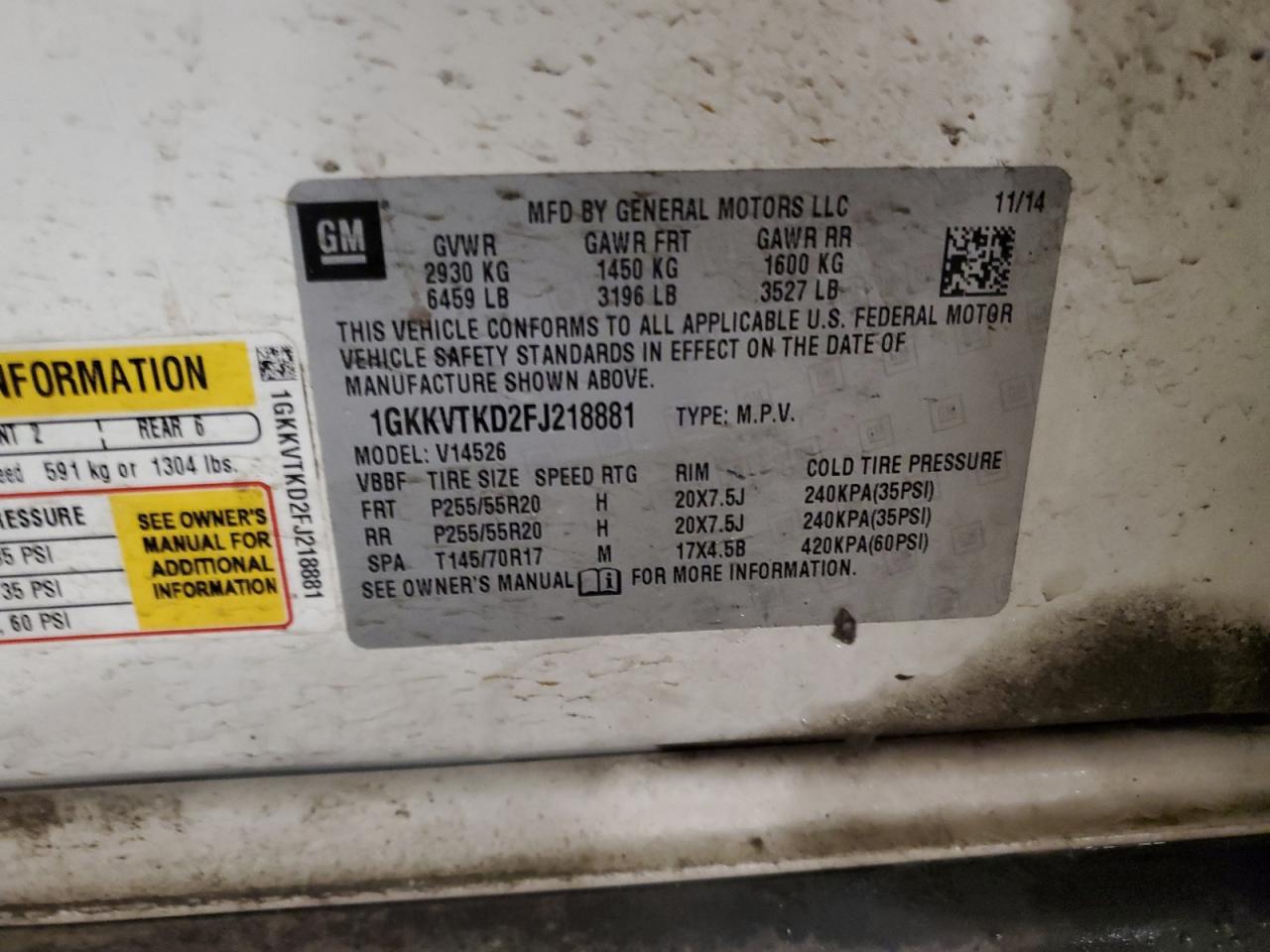 2015 GMC Acadia VIN 1GKKVTKD2FJ218881 Copart auction photo, front end damage thumbnail 13