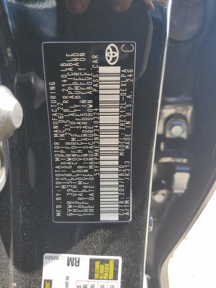 2022 Toyota Corolla VIN 5YFEPMAE3NP340324 Copart auction photo, front end damage thumbnail 14