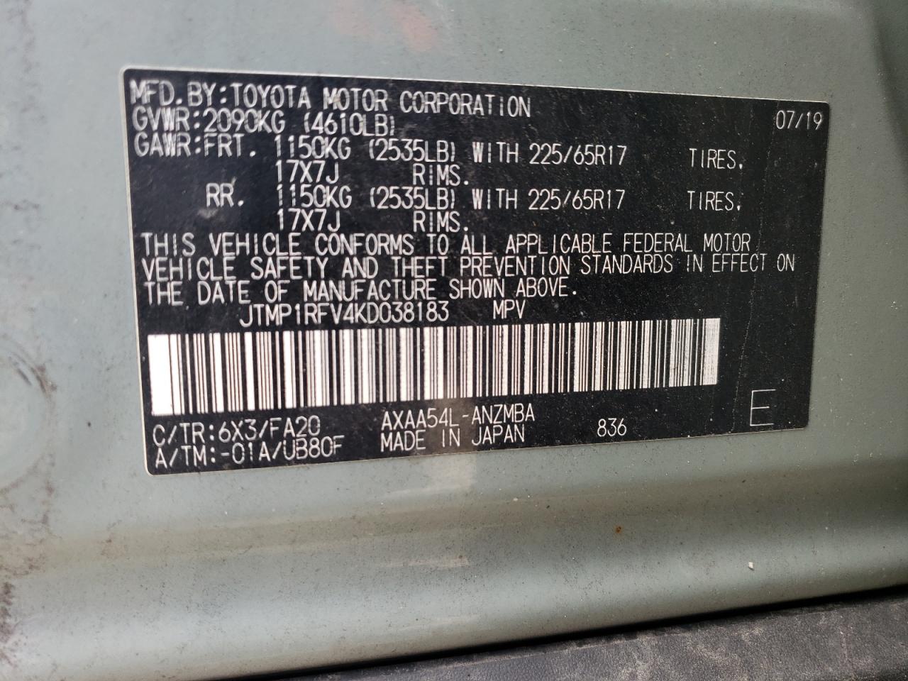 2019 Toyota RAV 4 VIN JTMP1RFV4KD038183 Copart auction photo, front end damage thumbnail 13
