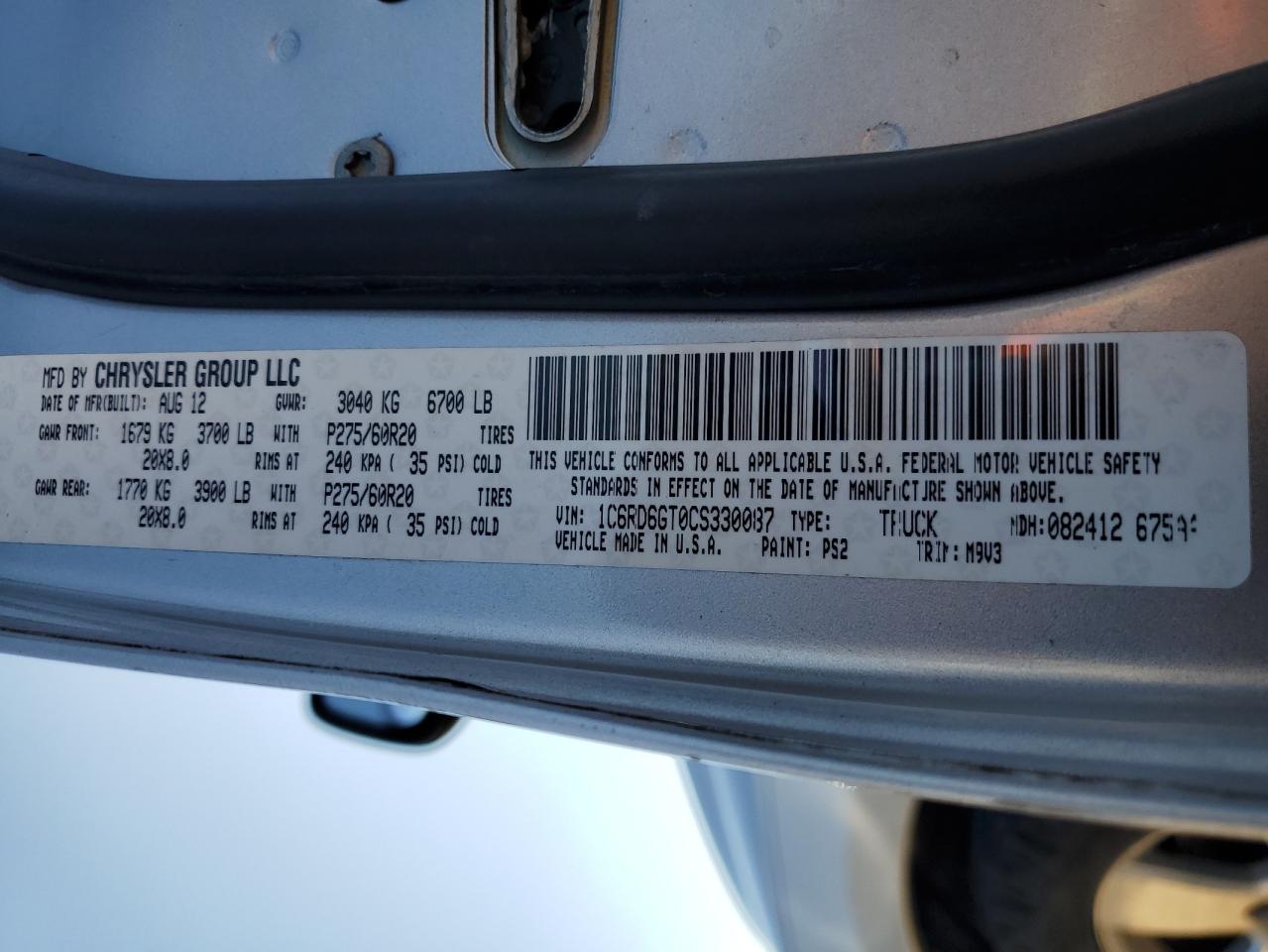 2012 Dodge RAM VIN 1C6RD6GT0CS330087 Copart auction photo, all over damage thumbnail 12