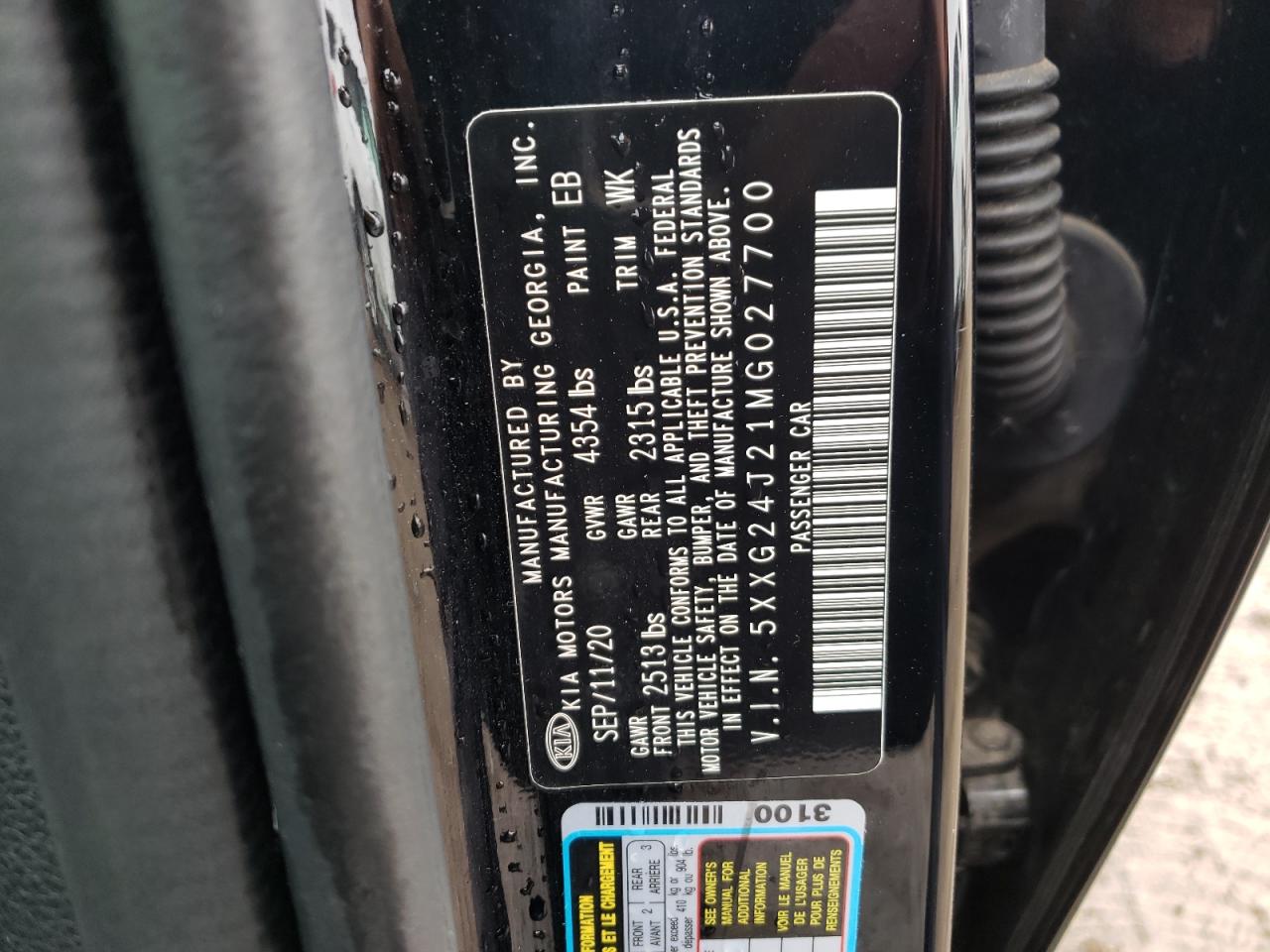 2021 KIA K5 VIN 5XXG24J21MG027700 Copart auction photo, front end / side damage thumbnail 15