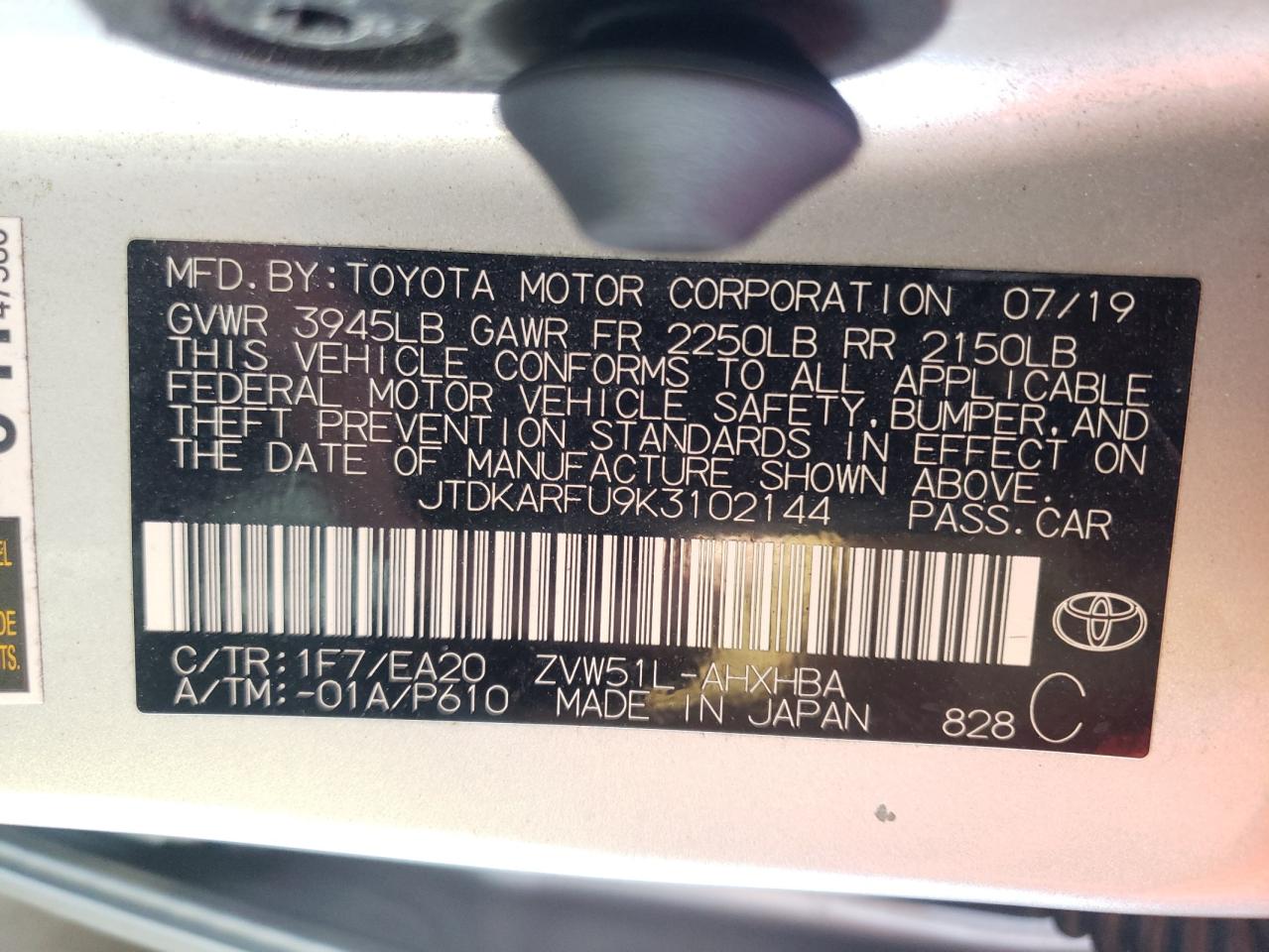 2019 Toyota Prius VIN JTDKARFU9K3102144 Copart auction photo, front end / minor dent/scratches damage thumbnail 12