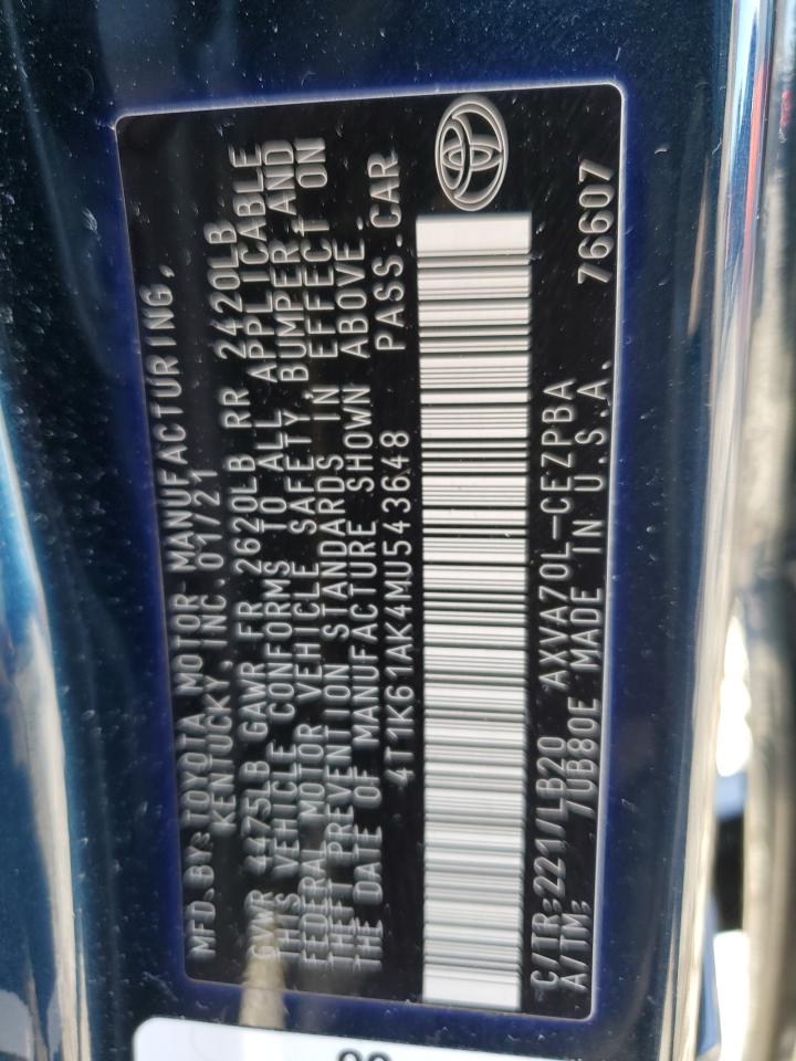 2021 Toyota Camry VIN 4T1K61AK4MU543648 Copart auction photo, all over damage thumbnail 14