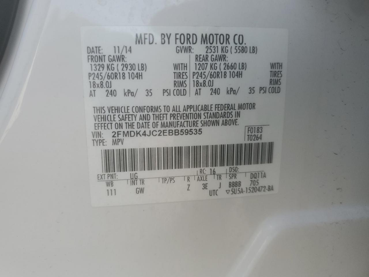 2014 Ford Edge VIN 2FMDK4JC2EBB59535 Copart auction photo, front end / mechanical damage thumbnail 15