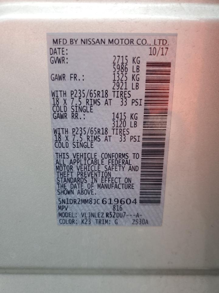 2018 Nissan Pathfinder VIN 5N1DR2MM8JC619604 Copart auction photo, front end damage thumbnail 15