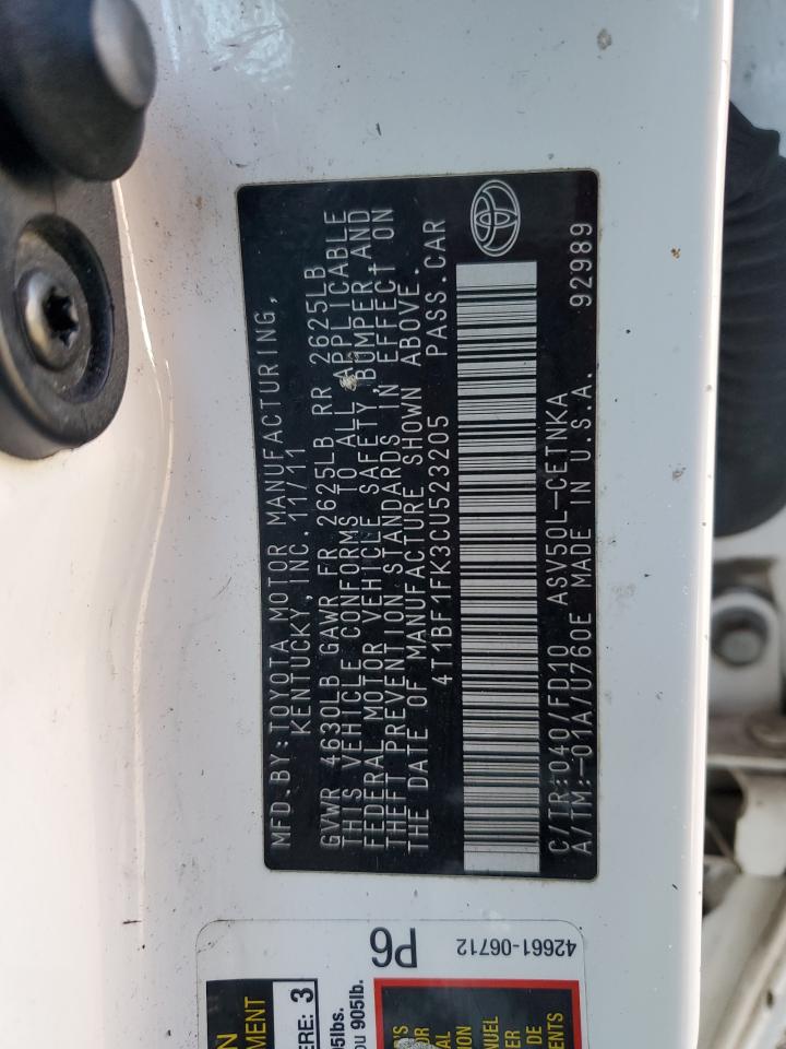 2012 Toyota Camry VIN 4T1BF1FK3CU523205 Copart auction photo, front end damage thumbnail 12