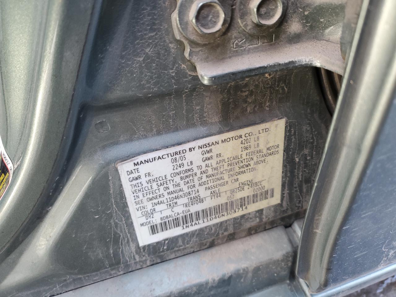 2006 Nissan Altima VIN 1N4AL11D46N308714 Copart auction photo, front end damage thumbnail 12