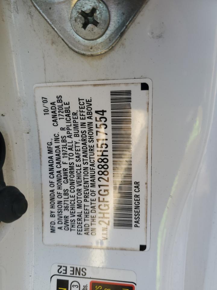 2008 Honda Civic VIN 2HGFG12888H517554 Copart auction photo, front end / minor dent/scratches damage thumbnail 13