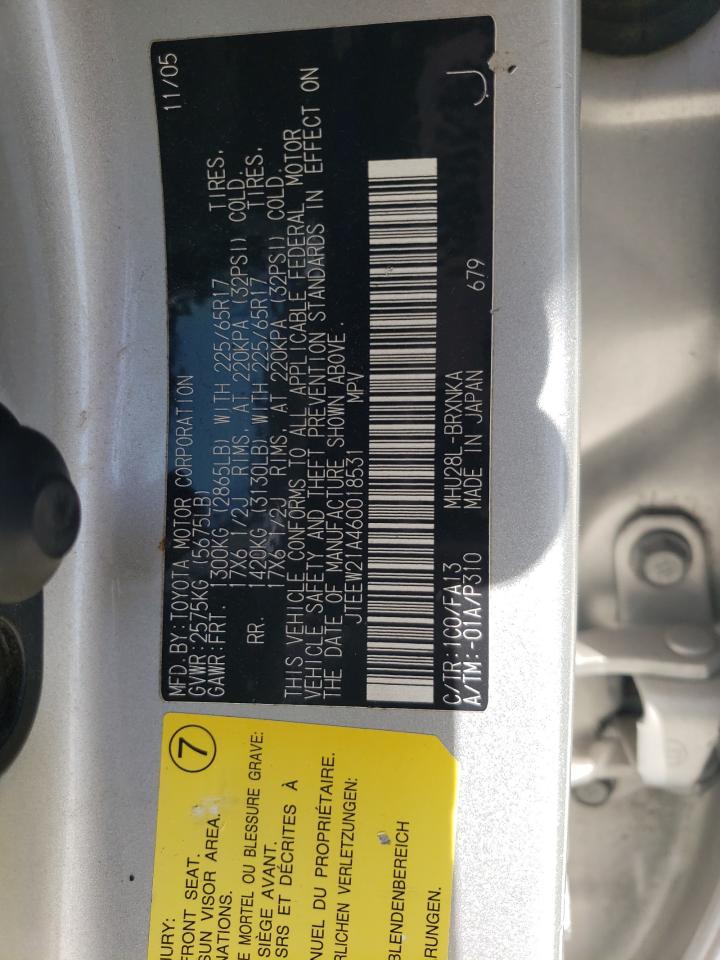 2006 Toyota Highlander VIN JTEEW21A460018531 Copart auction photo, front end / minor dent/scratches damage thumbnail 13