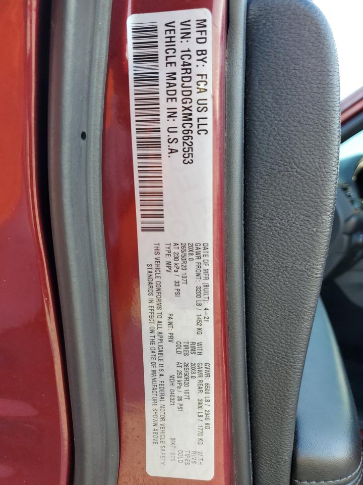 2021 Dodge Durango VIN 1C4RDJDGXMC662553 Copart auction photo, all over damage thumbnail 14