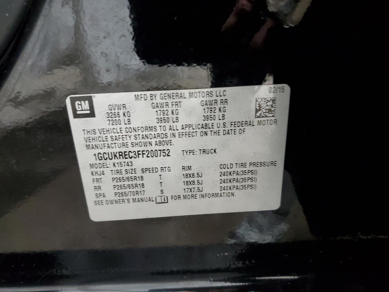 2015 Chevrolet Silverado VIN 1GCUKREC3FF200752 Copart auction photo, front end damage thumbnail 12