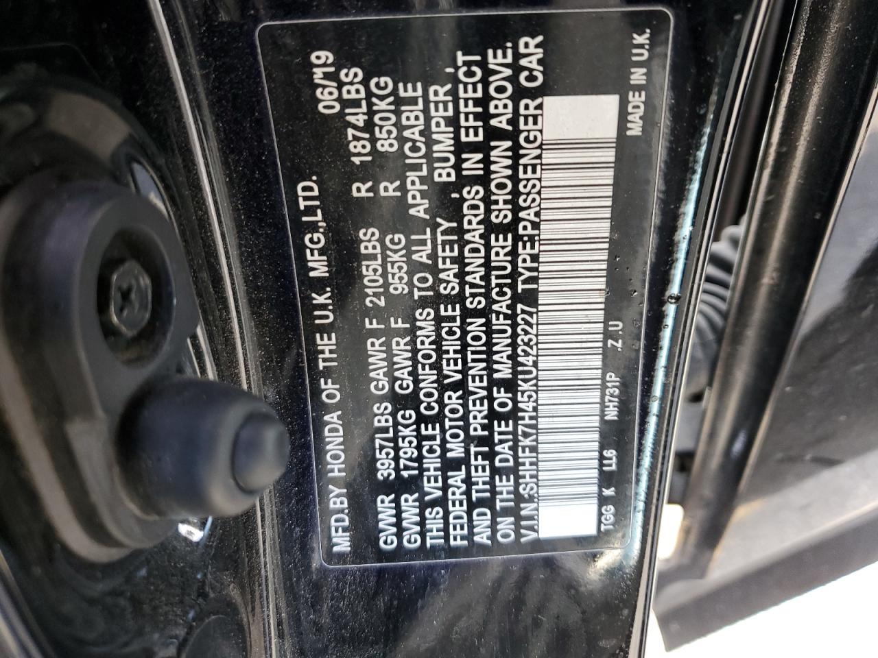 2019 Honda Civic VIN SHHFK7H45KU423227 Copart auction photo, vandalism damage thumbnail 14
