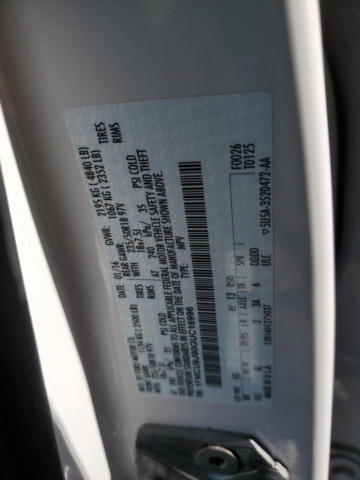 2016 Ford Escape VIN 1FMCU9J90GUC16996 Copart auction photo, front end damage thumbnail 16