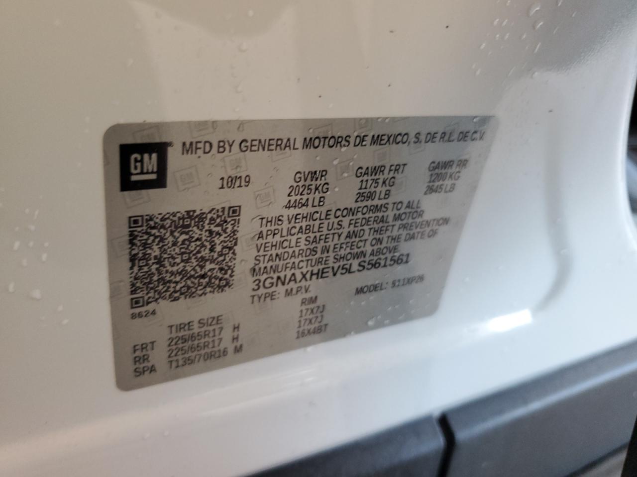 2020 Chevrolet Equinox VIN 3GNAXHEV5LS561561 Copart auction photo, front end / side damage thumbnail 13