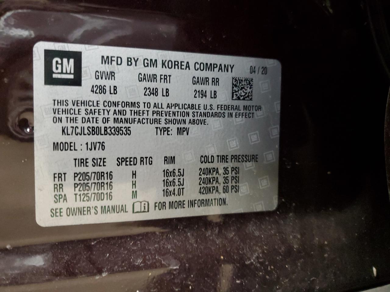 2020 Chevrolet Trax VIN KL7CJLSB0LB339535 Copart auction photo, mechanical damage thumbnail 13