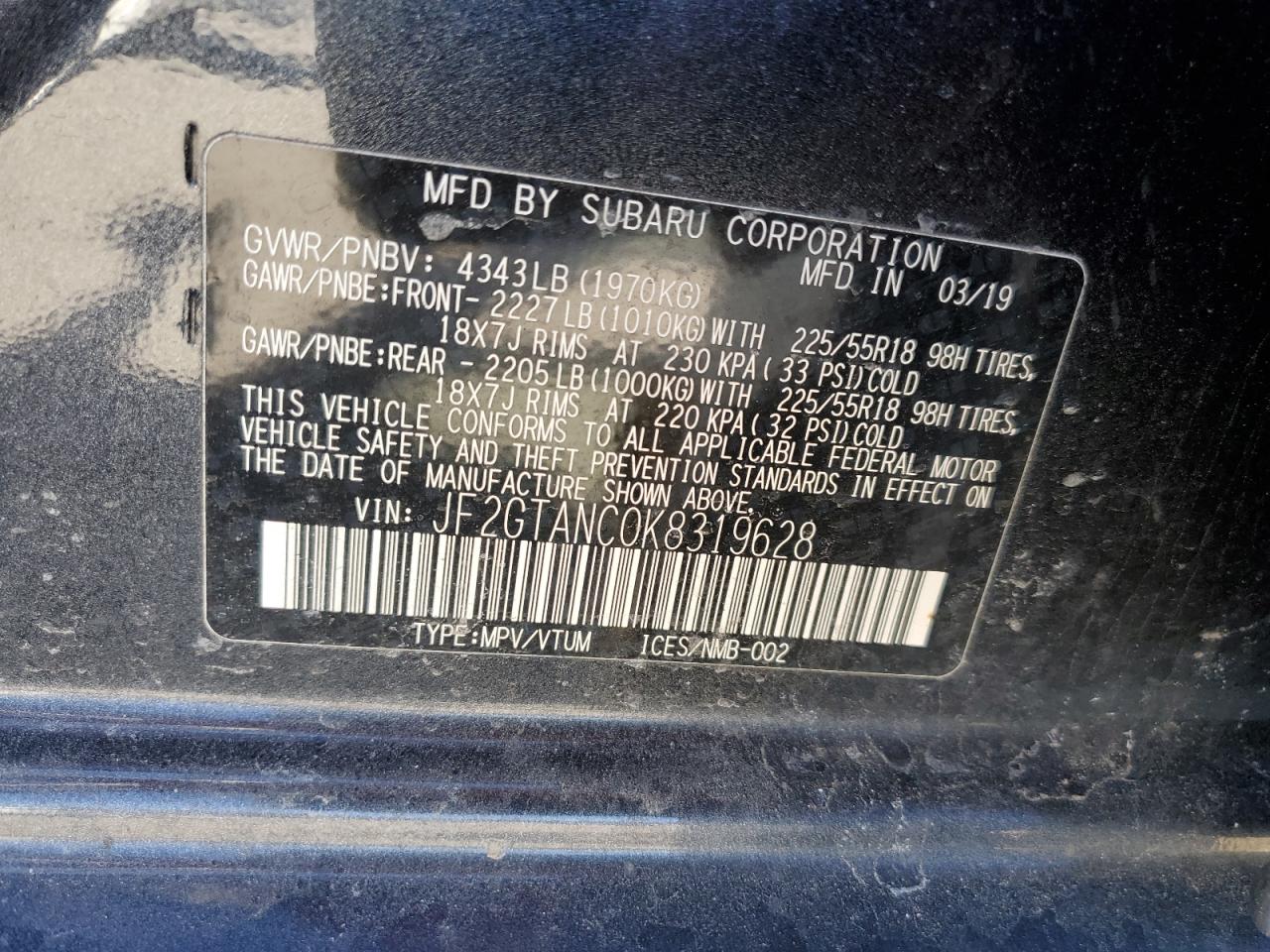 2019 Subaru XV VIN JF2GTANC0K8319628 Copart auction photo, rear end damage thumbnail 13