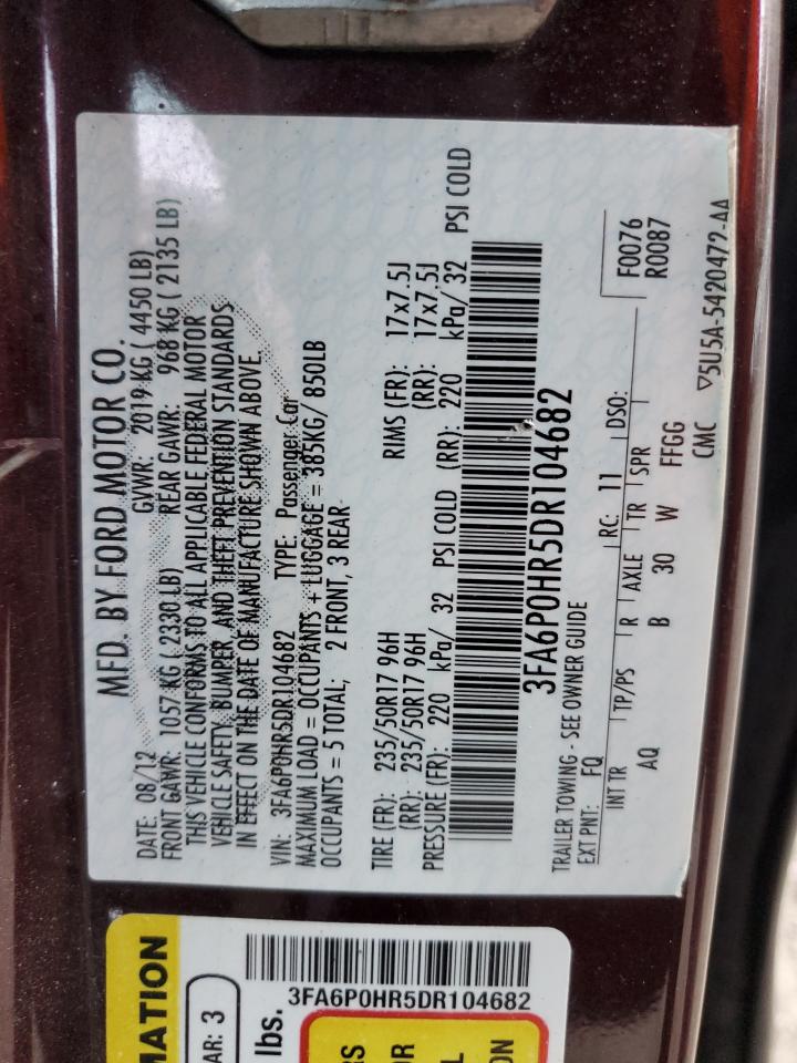 2013 Ford Fusion VIN 3FA6P0HR5DR104682 Copart auction photo, side / front end damage thumbnail 12