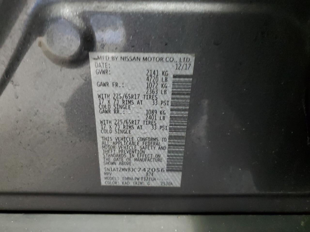 2018 Nissan Rogue VIN 5N1AT2MV8JC742056 Copart auction photo, front end / side damage thumbnail 13