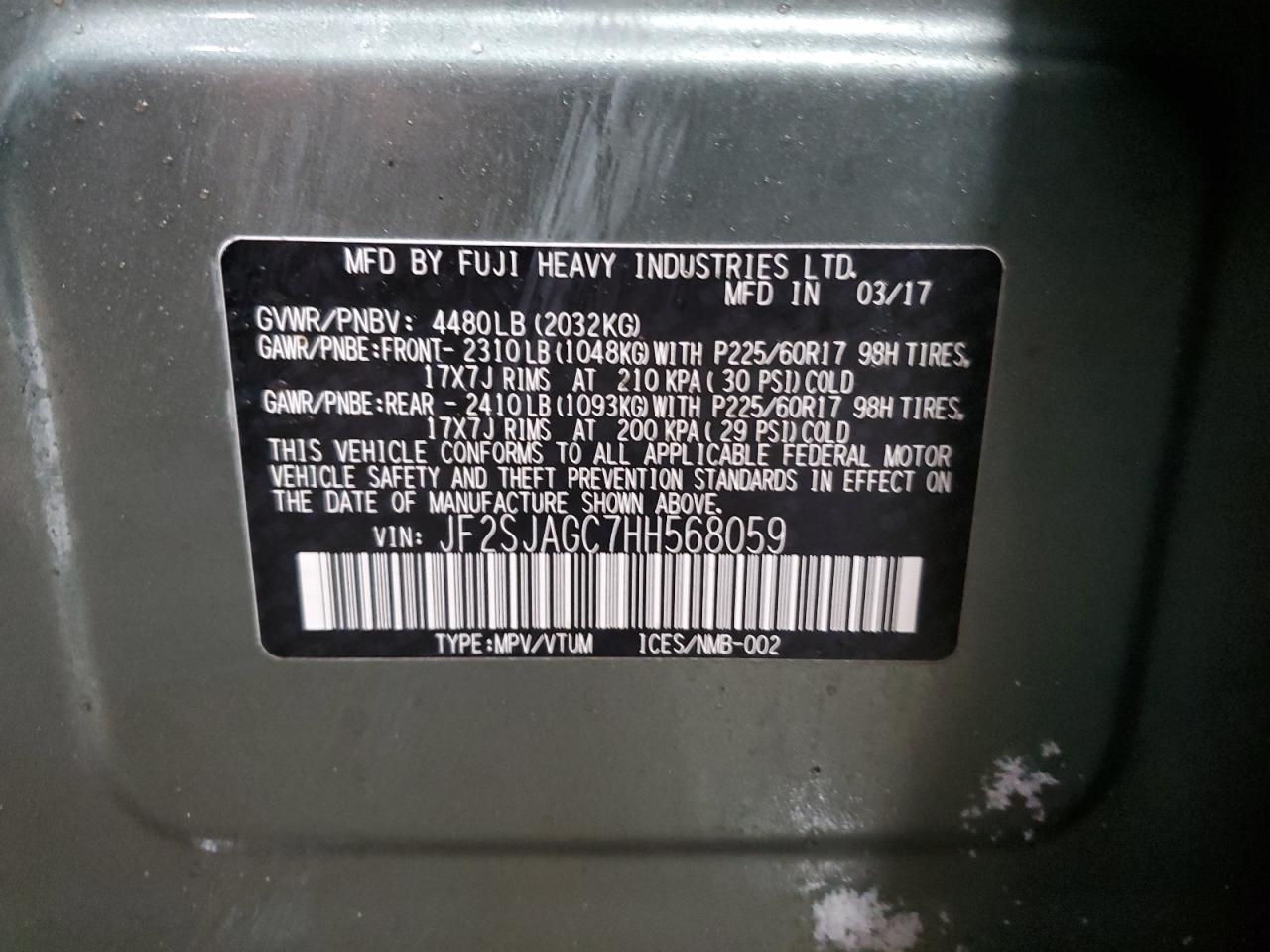 2017 Subaru Forester VIN JF2SJAGC7HH568059 Copart auction photo, front end / minor dent/scratches damage thumbnail 13