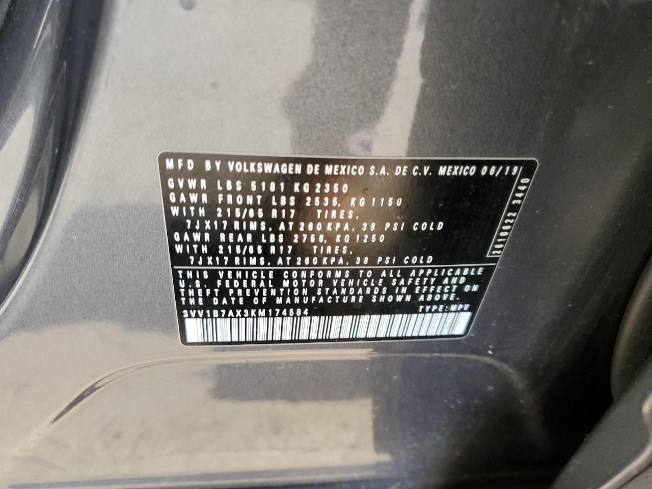 2019 Volkswagen Tiguan VIN 3VV1B7AX3KM174584 Copart auction photo, front end / rear end damage thumbnail 12