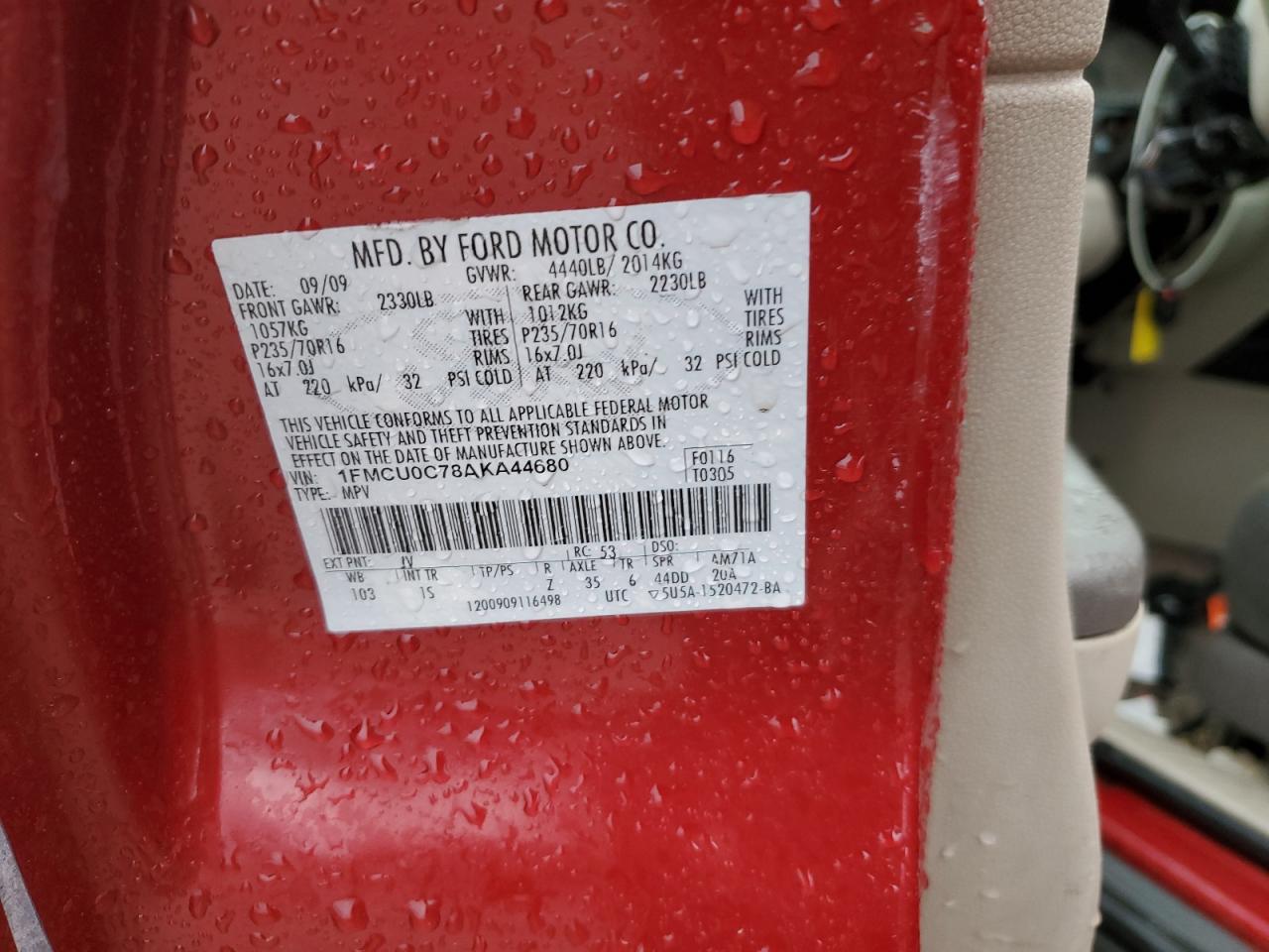 2010 Ford Escape VIN 1FMCU0C78AKA44680 Copart auction photo, all over damage thumbnail 13