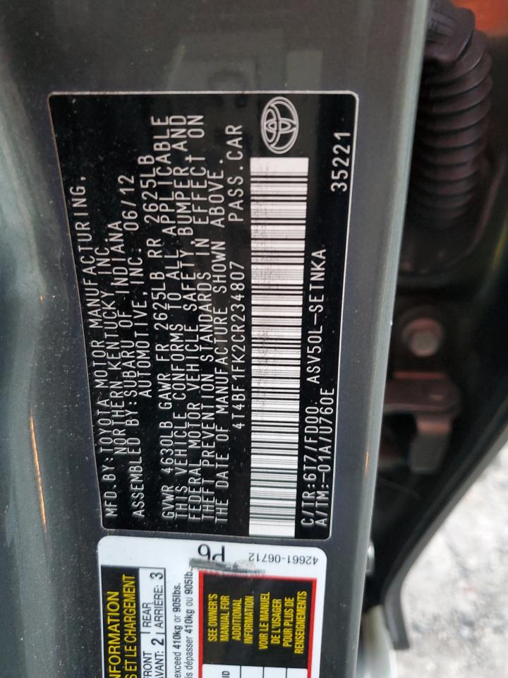 2012 Toyota Camry VIN 4T4BF1FK2CR234807 Copart auction photo, side / rear end damage thumbnail 12